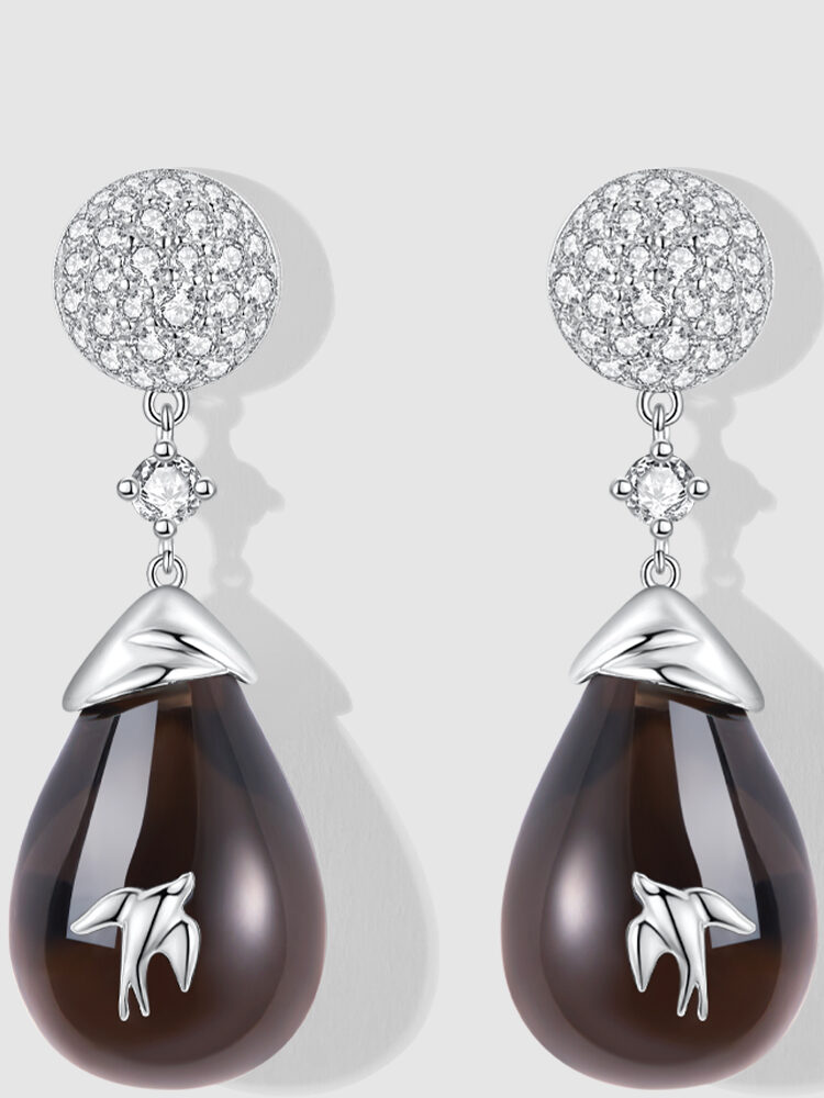 Natural Smoky Quartz Swallow Earrings - Handcrafted in Sterling Silver