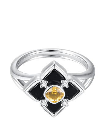 Natural Black Agate Rain Window Ring with Genuine Yellow Crystal in Sterling Silver