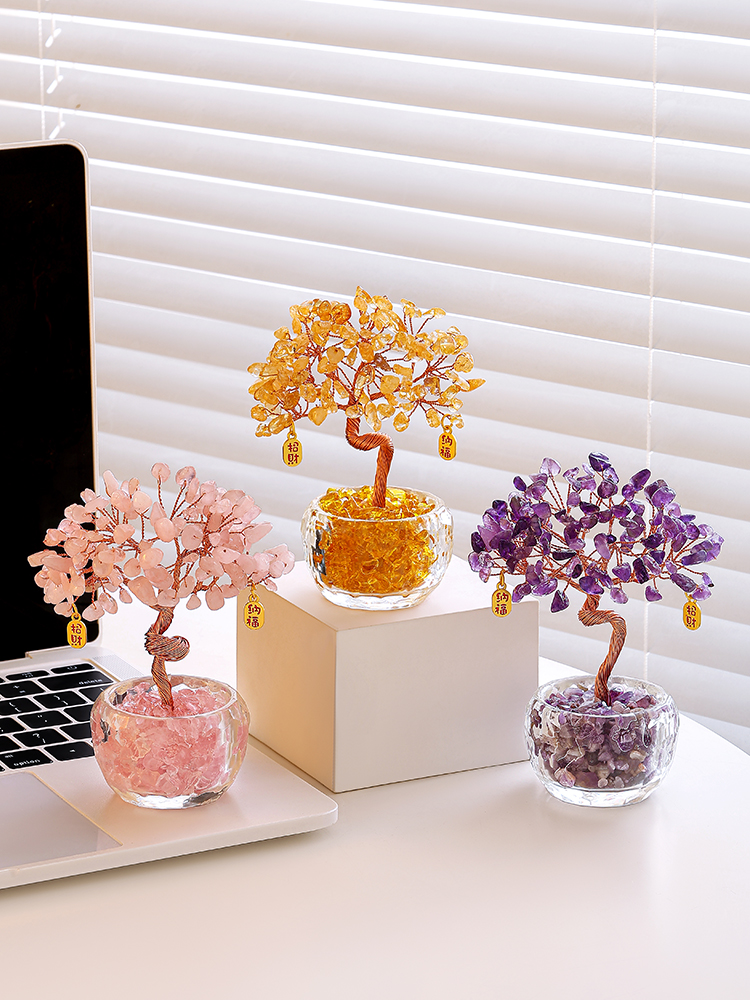 Natural Citrine Wealth Tree & Amethyst Prosperity Tree Ornament Set